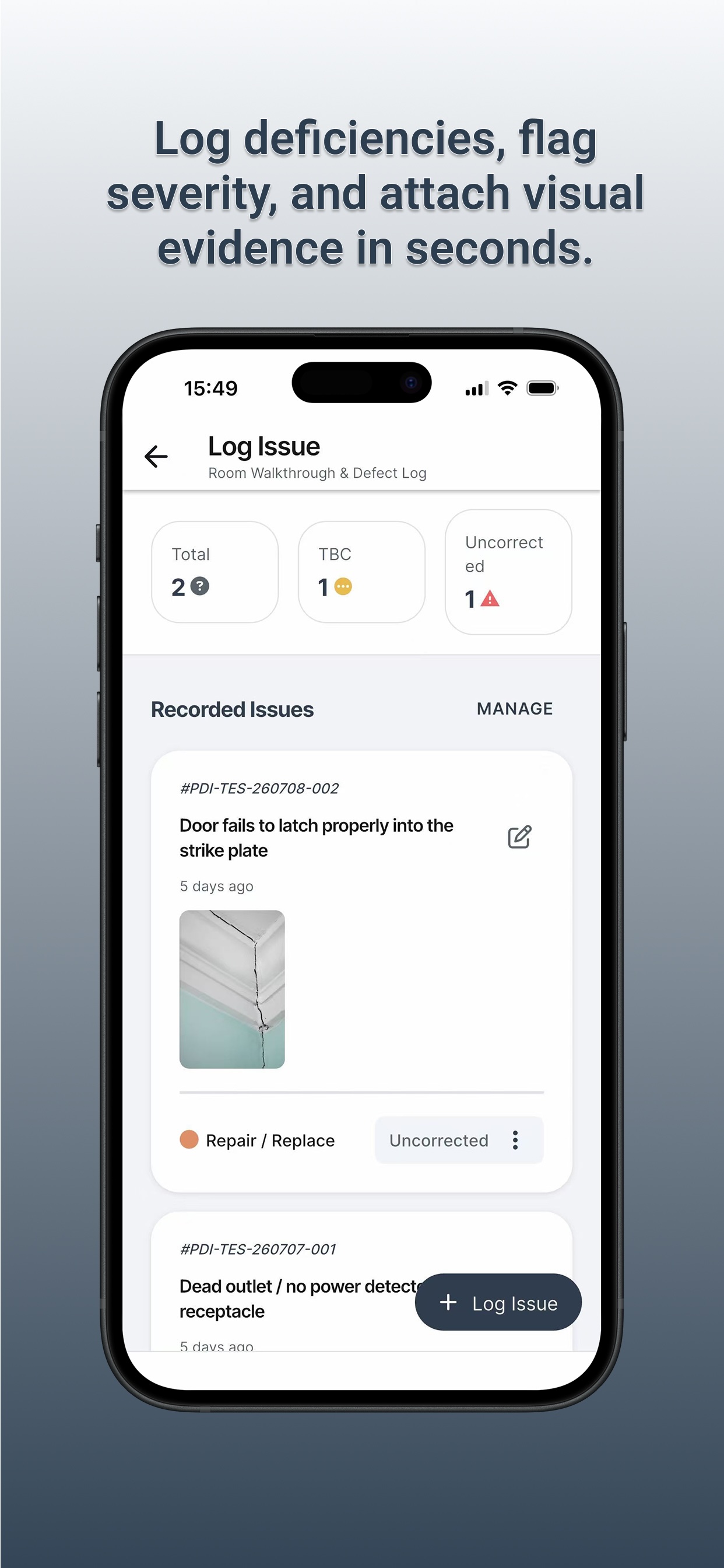 Deficiency Logging Screen